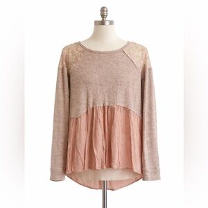 Altered State Boho Lace Knit Peplum Blouse Pink Beige Small